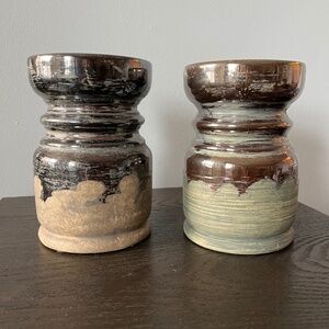 Pair of Urban Barn "Margo'" pewter-glazed, ceramic candle-holders, approx 6 in.